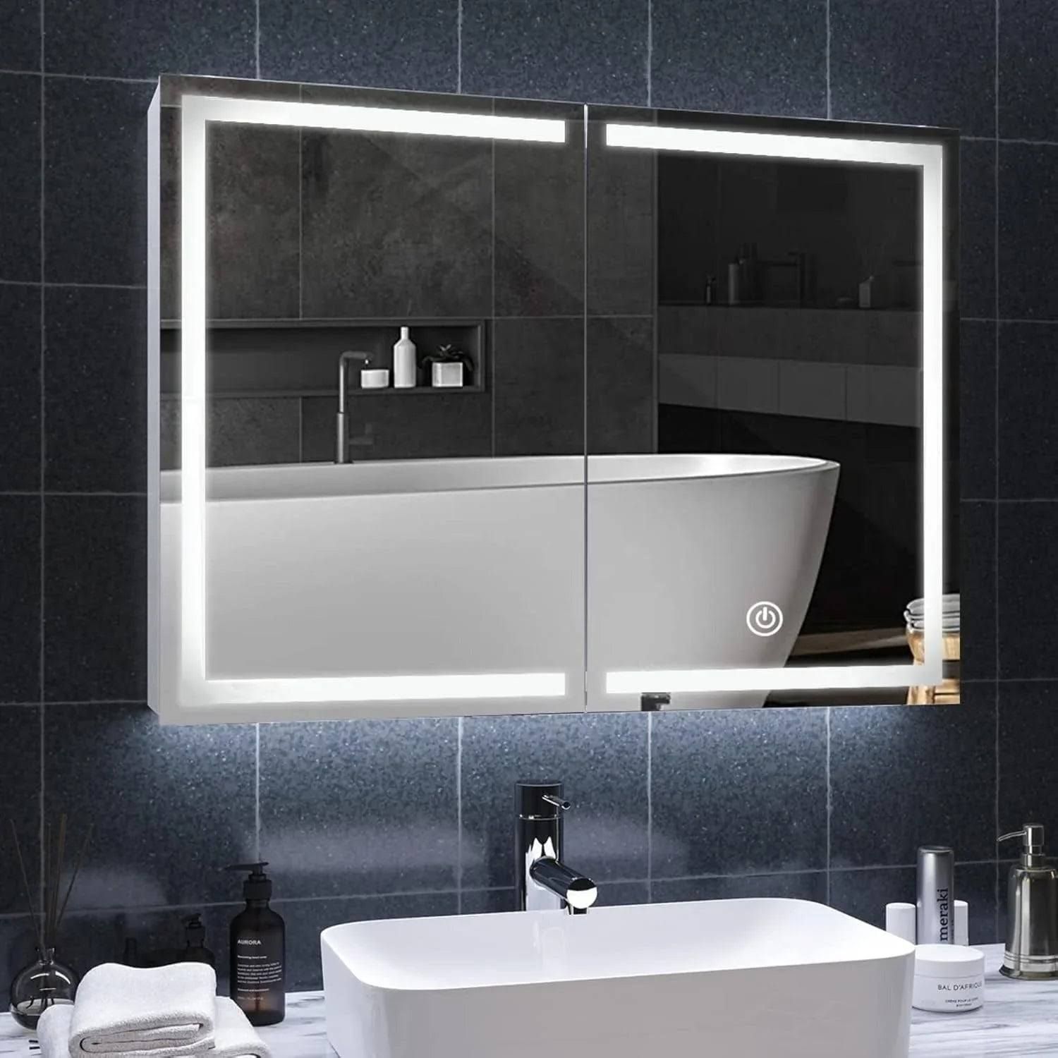 SIKAIC Hängeschränke Badezimmermöbel 80 cm LED Spiegelschrank mit Steckdose – Doppelspiegel aus mit Ablage Weiß / Metall / Modern