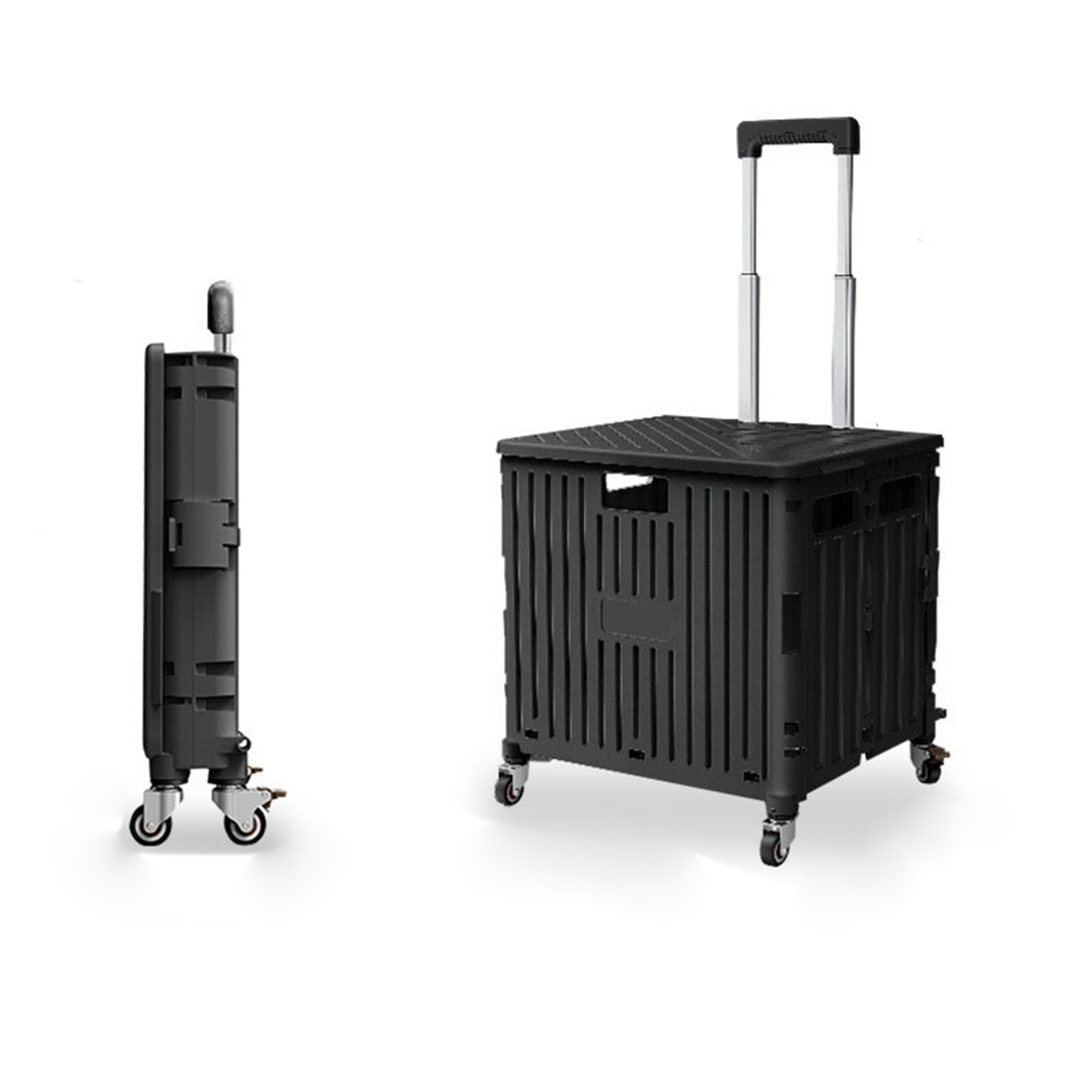 (38x32cm) Klappbarer Einkaufs Trolley Transportbox Shopping Kiste Umzugswagen mit Rädern / Teleskop Griff - Schwarz