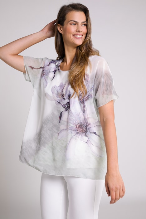 Bluse, doppellagig, Blüten, A-Linie, Rundhals, Halbarm