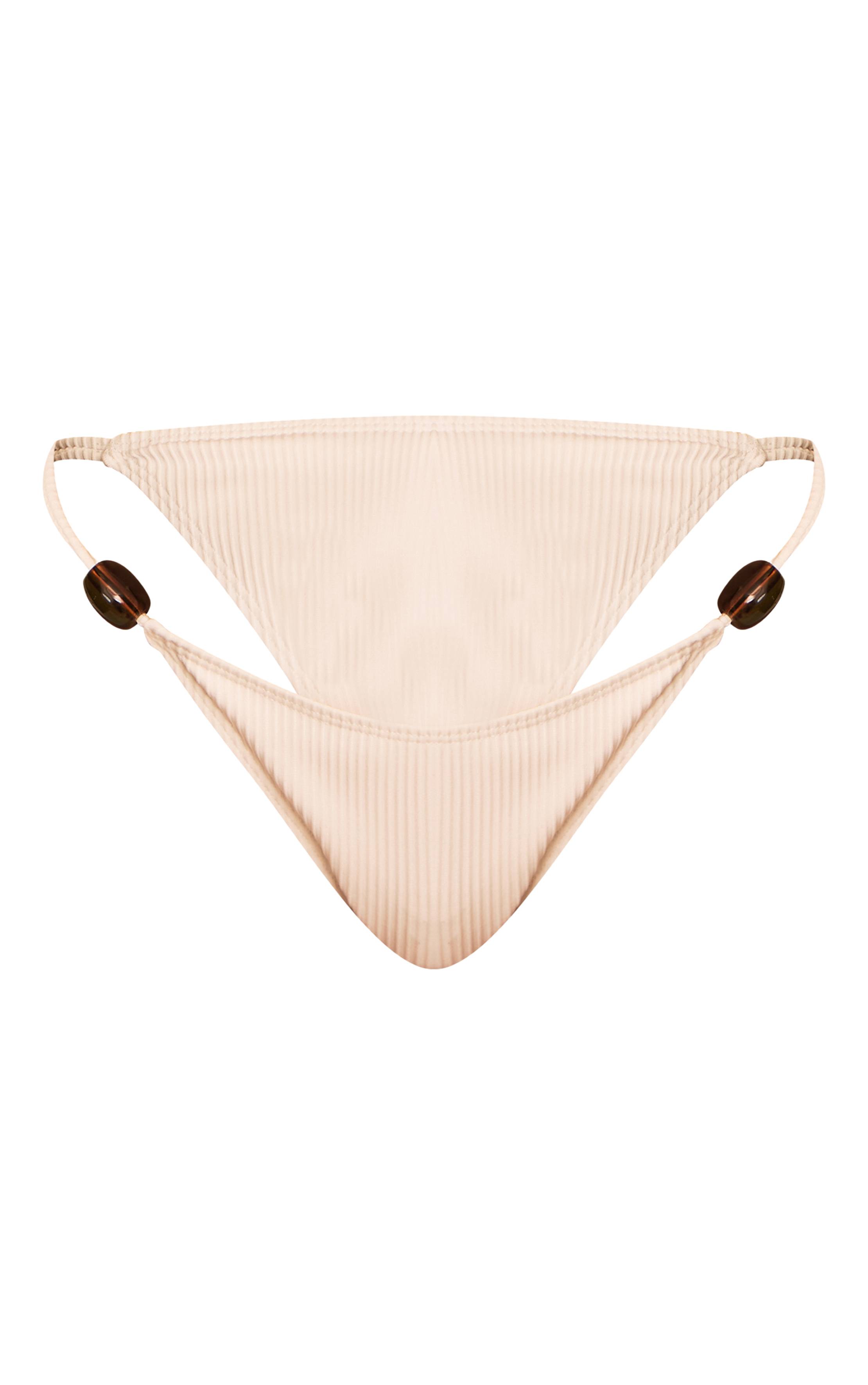 Ivoire Bas De Bikini Tanga Côtelé Avec Bordure De Perles