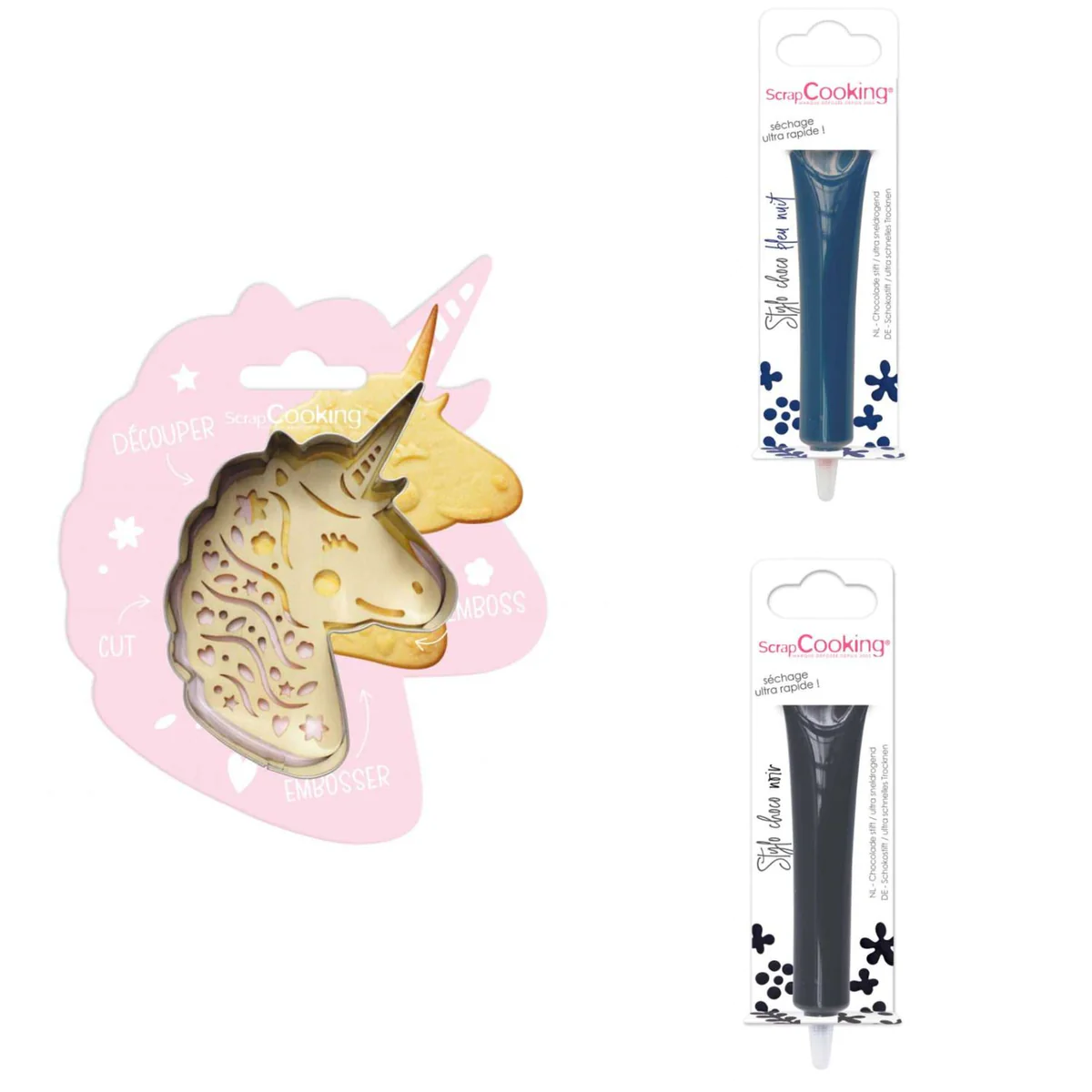 Kit pour biscuit en relief Licorne + 2 Stylos au chocolat bleu nuit et