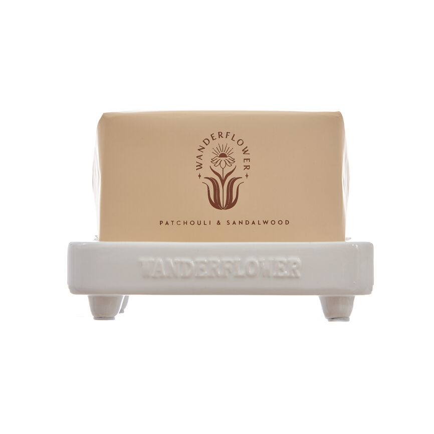 Wanderflower såpestykke med tilhørende såpeskål patchouli og sandeltre