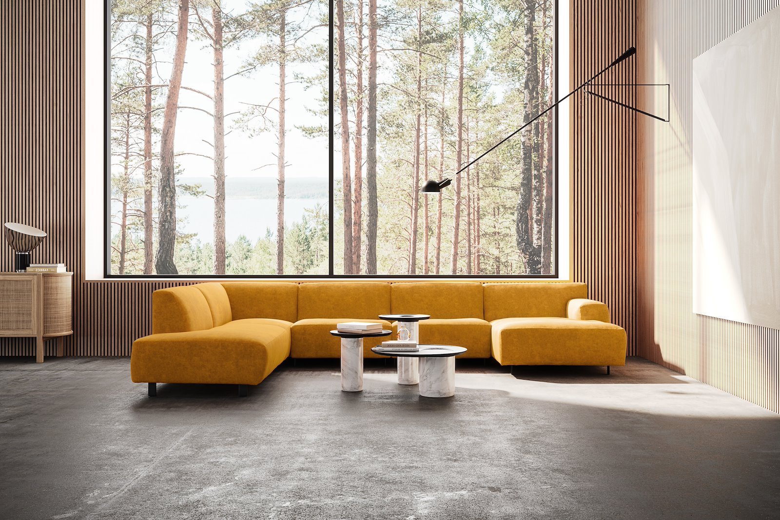 Vesta U-sofa Sjeselong høyre, 3-seter og åpen ende venstre. Big hjørnemodul, Tekstil Eros Mustard, sort metallben 10 cm, Comfort CM