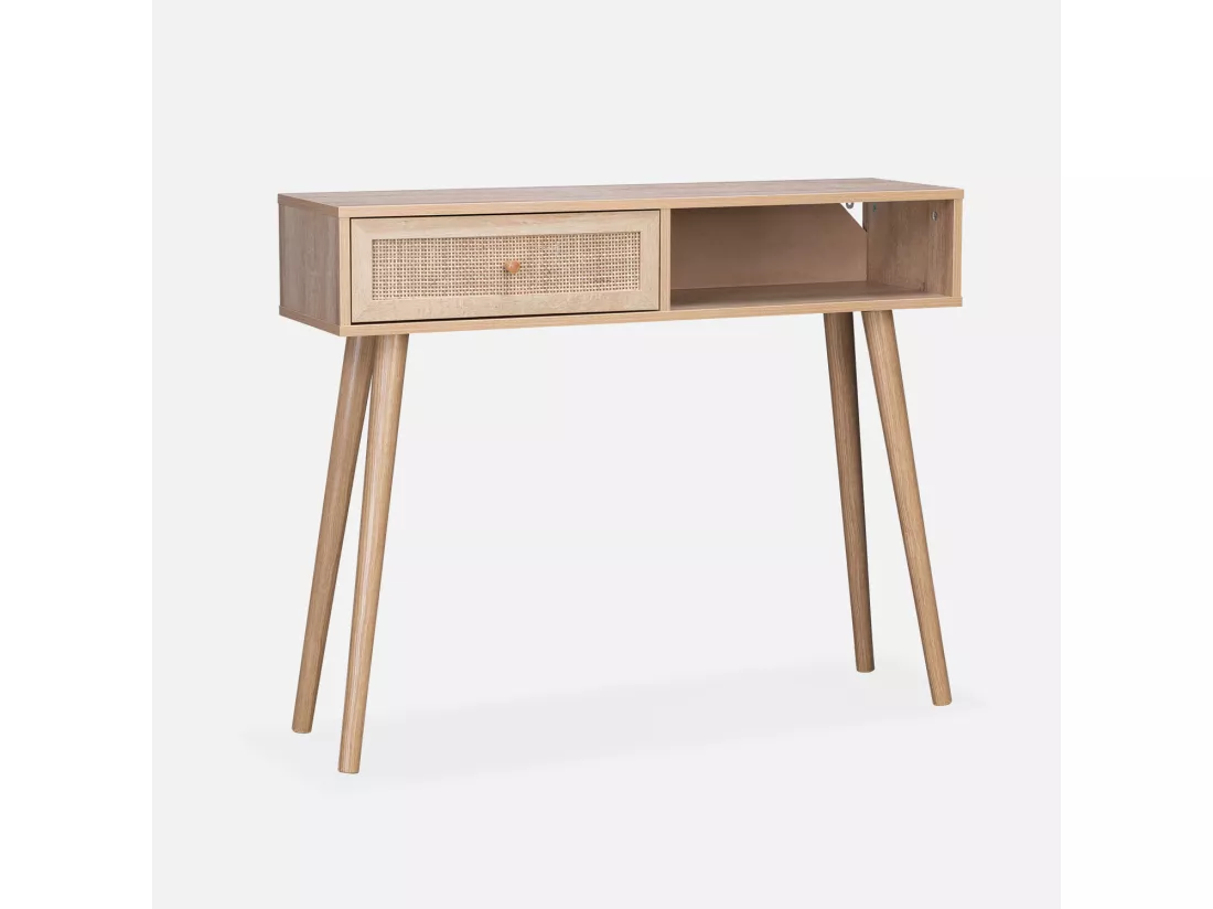 Console en cannage 100x29x81cm - Bohème - Naturel. 1 tiroir.1 espace de rangement. pieds scandinaves décor bois. 1 poignée