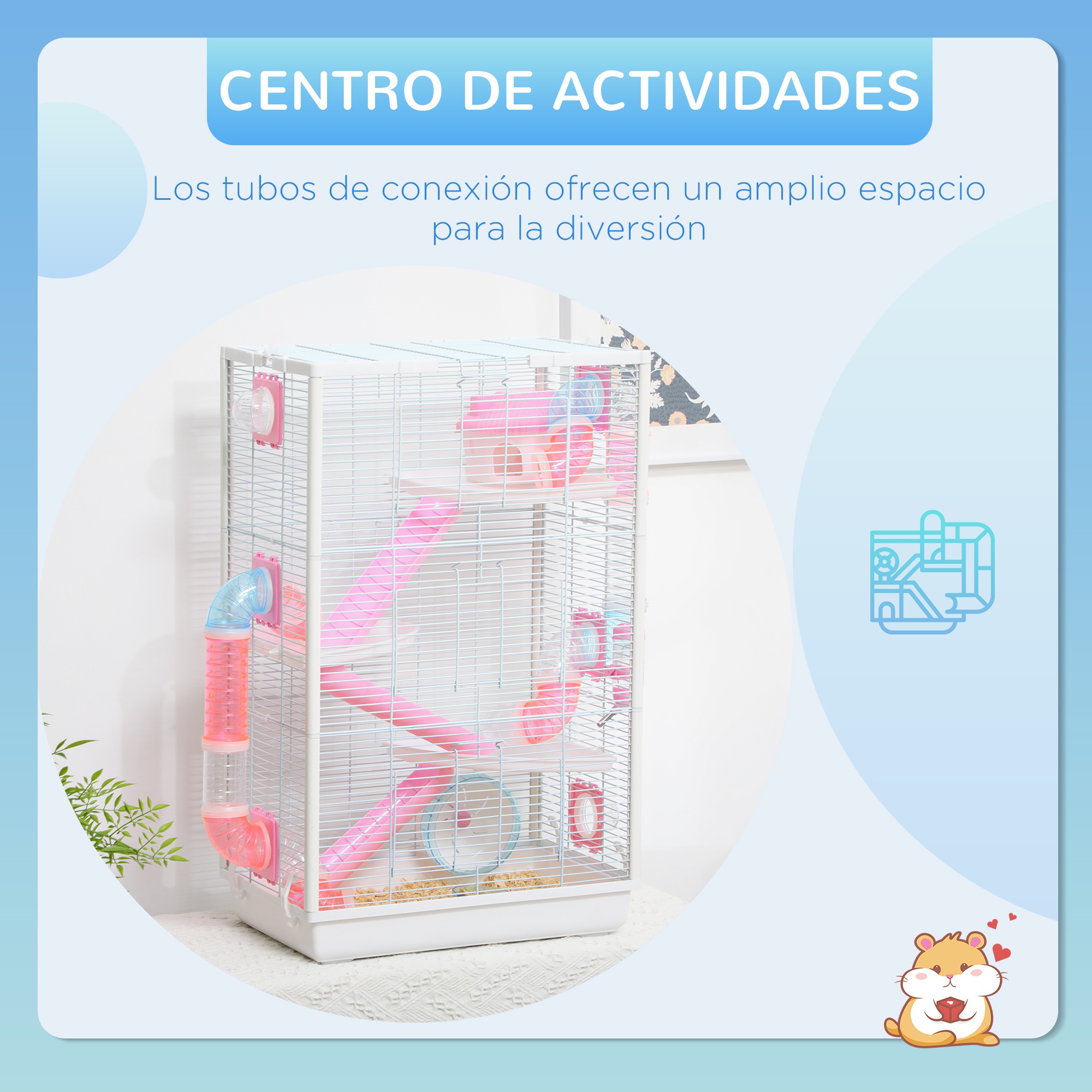 Gaiola PawHut para Hamster com Túnel, Casinha para Pequenos Animais 47x29,5x76 cm com 3 Portas, Plataformas, Bandeja, Comedouro, Bebedouro, Casinha, 3 Rampas e Roda de Exercícios, Branca