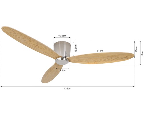 Airfusion Radar plafondventilator, chroom en licht eiken afwerking, ø 132 cm, met afstandsbediening, zomer- en winterfuncties