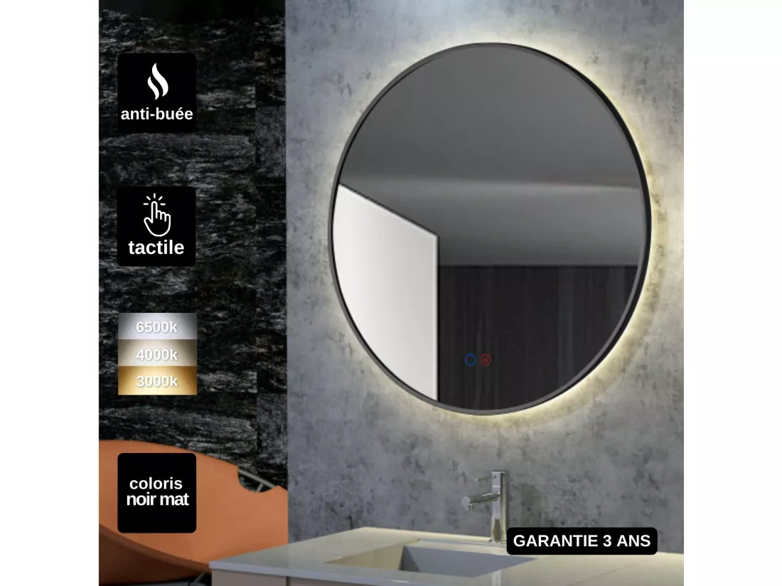 Miroir Salle de Bain FUN - Ø80cm - Noir Mat - Rétro-éclairage T° Led Variable - Tactiles On/Off & Anti-Buée - LEDIMEX