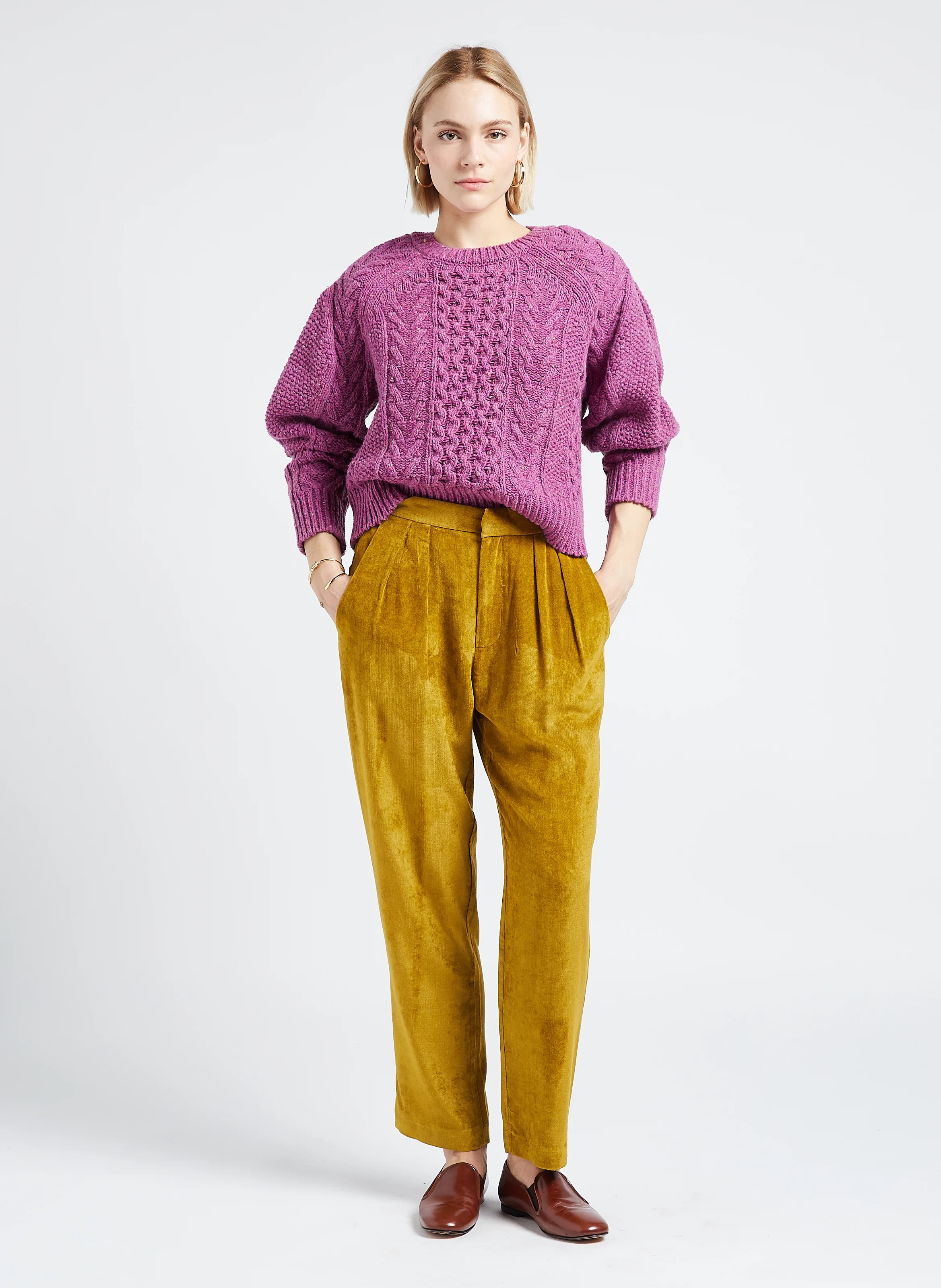 Pantalon fluide en velours côtelé| Vert