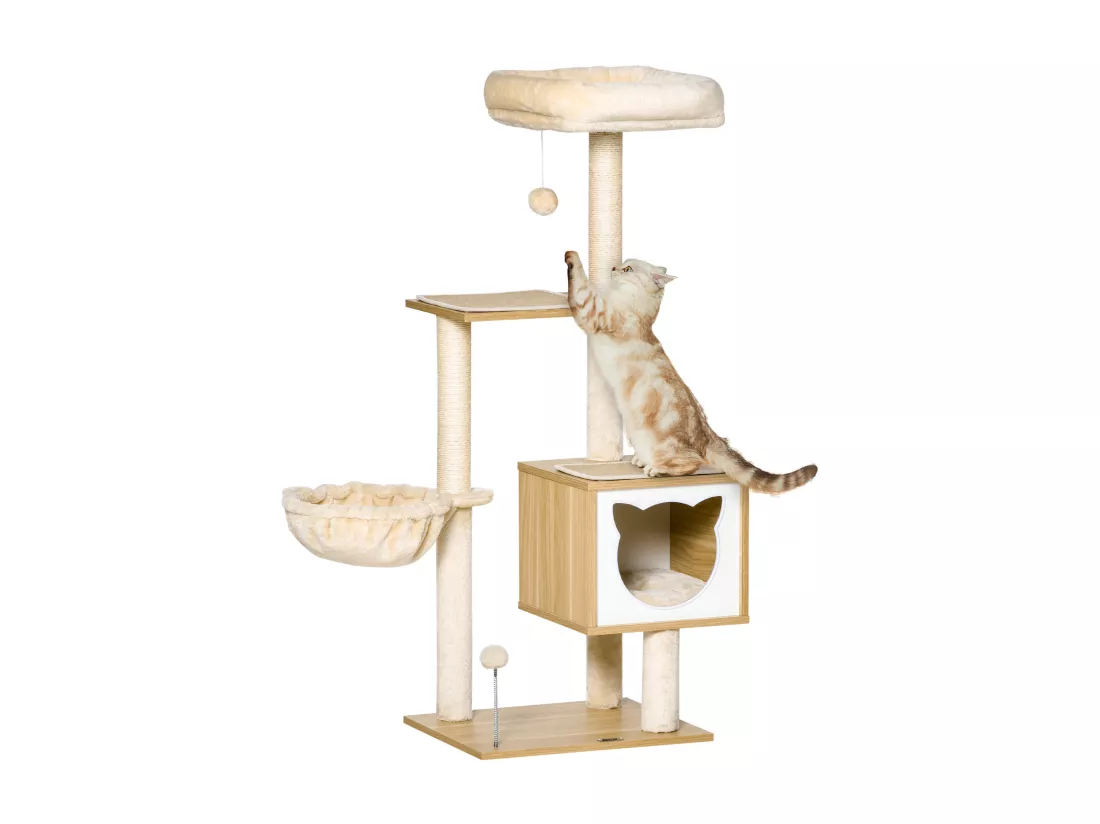 Arbre à chat multi-équipement griffoirs grattoirs niche hamac panier coussins amovibles H126 cm peluche courte sisal naturel beige