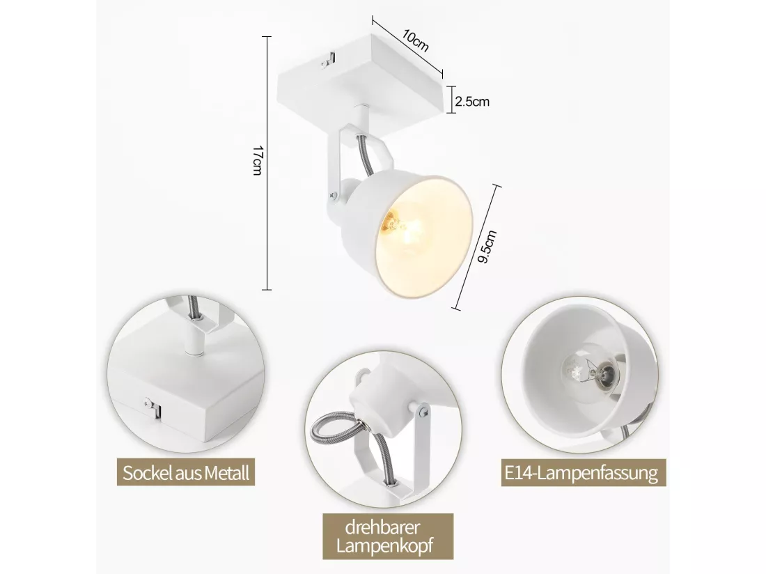 NETTLIFE Spot de plafond 1 flamme applique vintage E14 design rétro de haute qualité orientable 350° MAX.40W