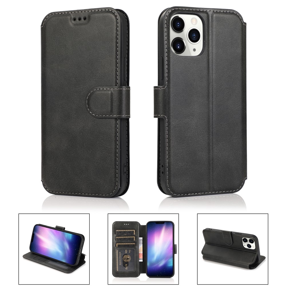 iPhone 12 / iPhone 12 Pro Leder Tasche mit Kartenfach im Retro Style - Schwarz