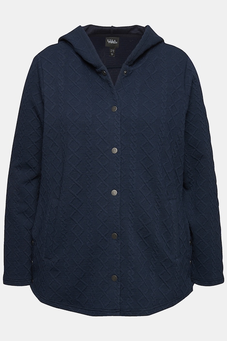 Hoodie-Jacke, Zopfmuster, Druckknöpfe, hinten länger