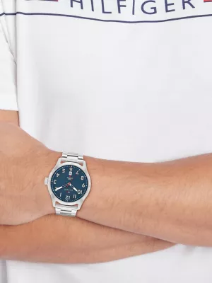 Relógio para atividades ao ar livre com pulseira de couro e aço inoxidável