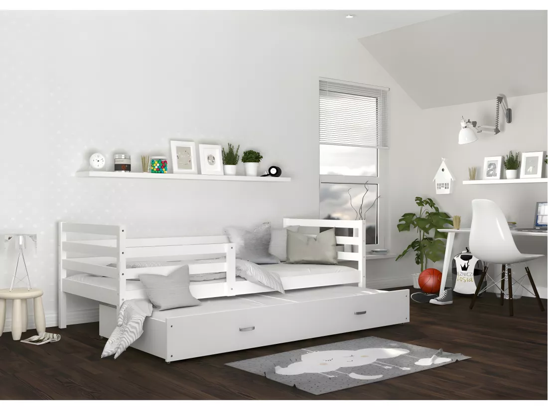 Lit Gigogne Milo 90x190 Blanc - blanc Livré avec sommiers, tiroir et matelas en mousse de 7cm