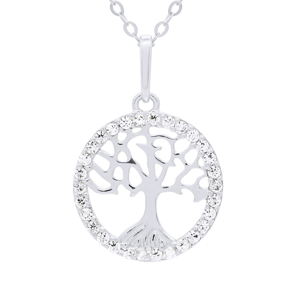 Collier en Or Blanc - Ornées d'un Pendentif Arbre De Vie serti d' Oxydes de Zirconium