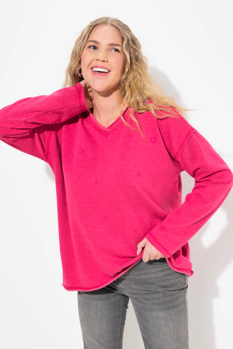 Sweatshirt, Flocksterne, Oversized, V-Ausschnitt, Langarm, rot pink