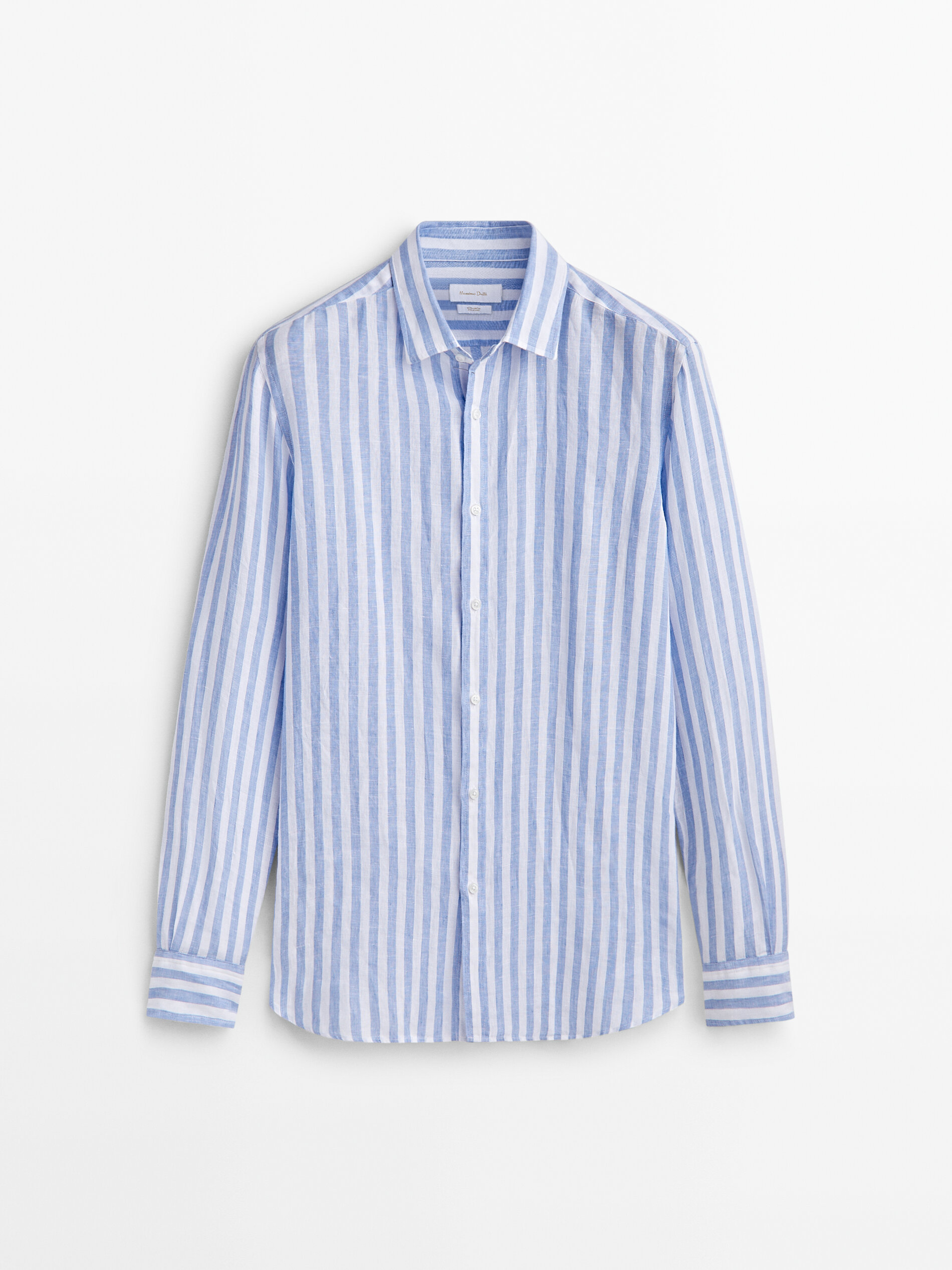 Camisa listrada larga 100% linho, corte slim - CELESTE