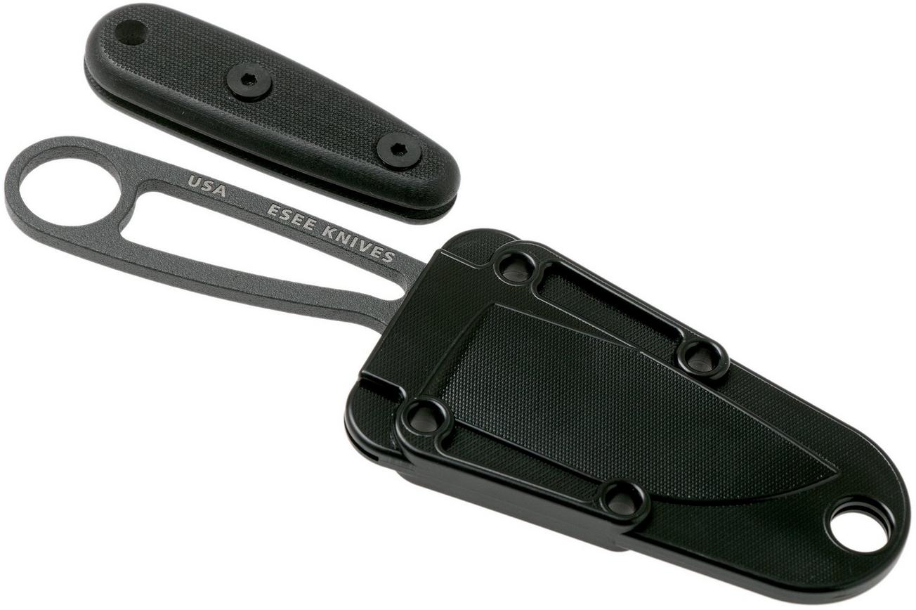 ESEE Izula Tactical Gunsmoke IZULA-TG-B nekmes met zwarte schede, greepdelen en riemclip
