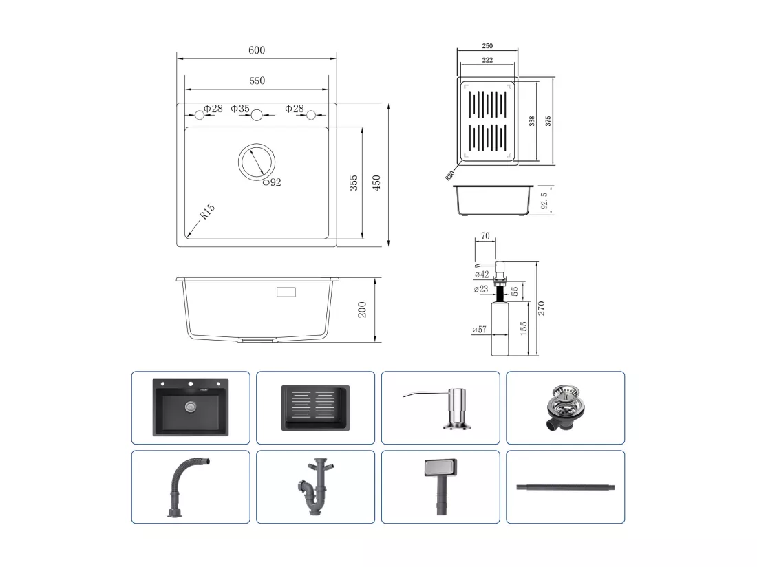 Cecipa max Evier en Quartz 60*45cm, avec Panier de Vidange et Distributeur de Savon Gratuits + Mitigeur Cuisine avec Douchette Extractible Noir