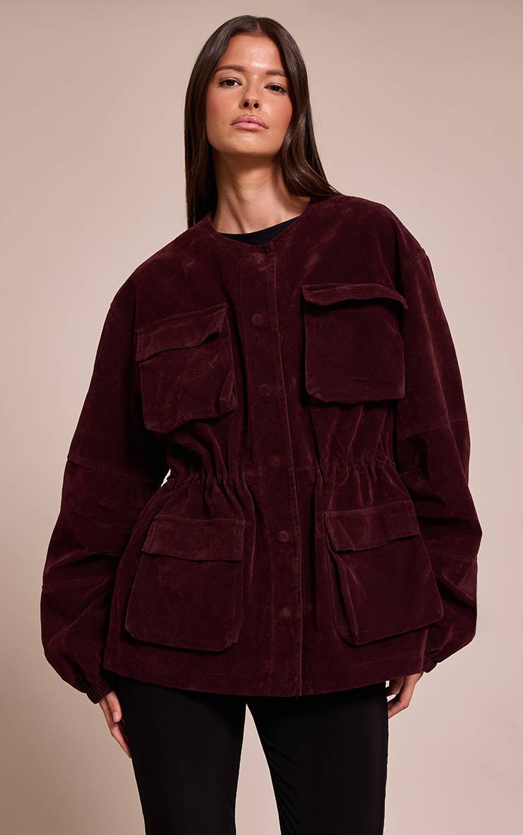 Rouge Bordeaux Veste Structurée En Synthétique Avec Poches Détaillées Et Taille Ajustable
