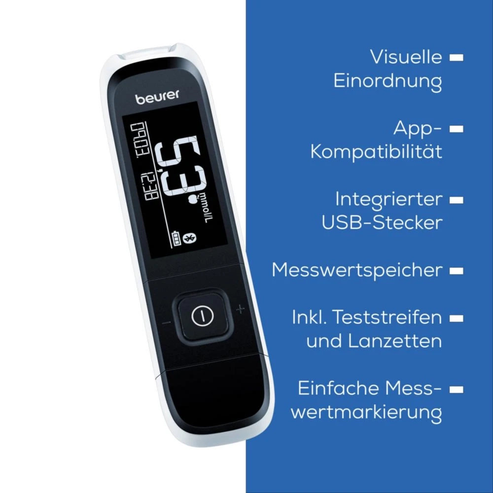 GL 60 Blutzuckermessgerät mmol/L mit Code-Freien Teststreifen / Plug In USB (46357) - Schwarz / Weiss