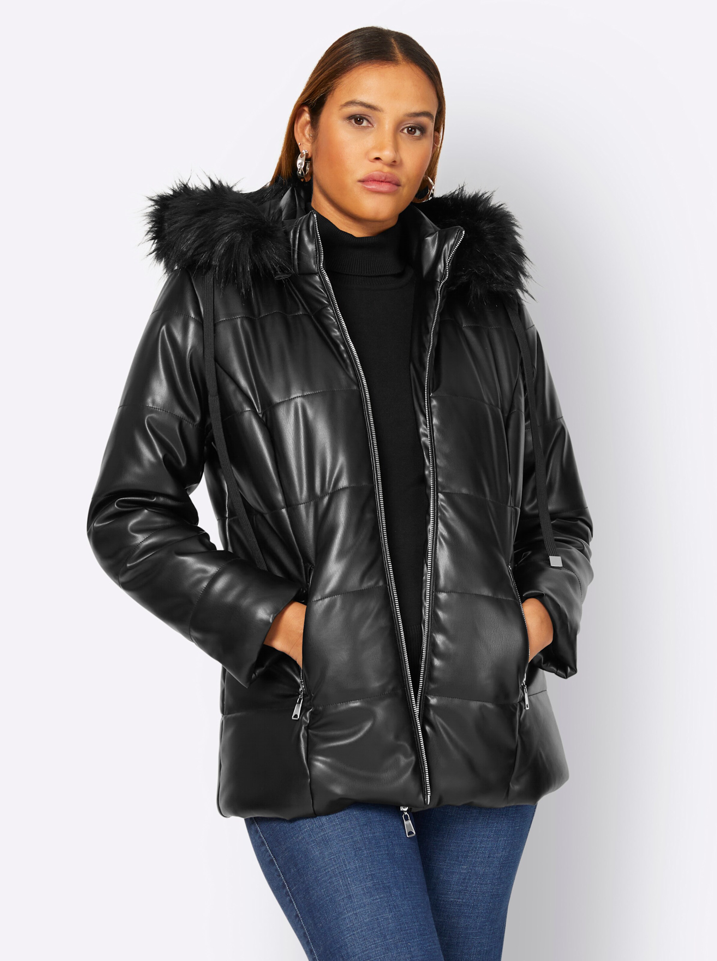 Lederimitat-Jacke in schwarz