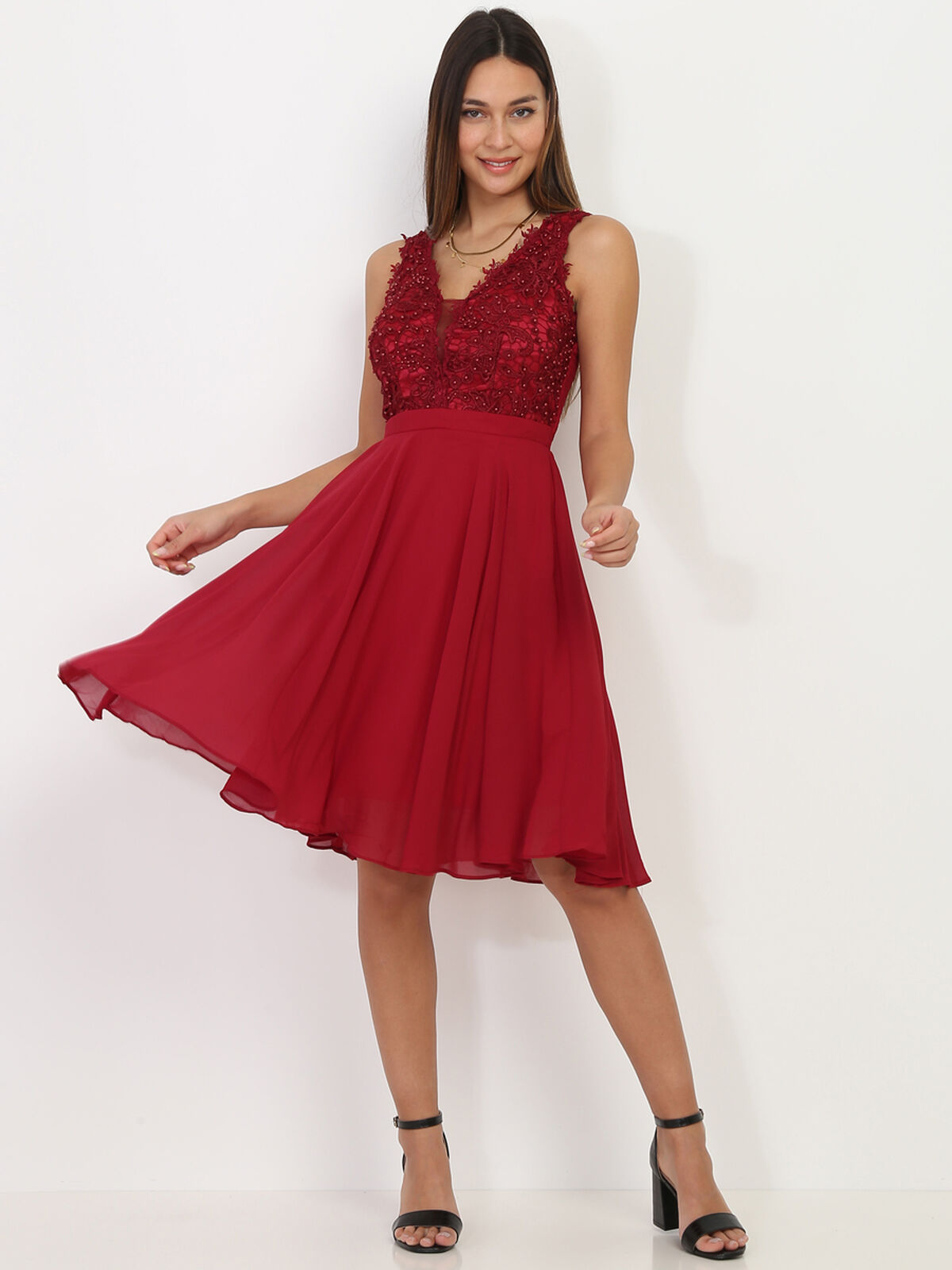 Robe à broderie et perles grandes tailles- Rouge foncé