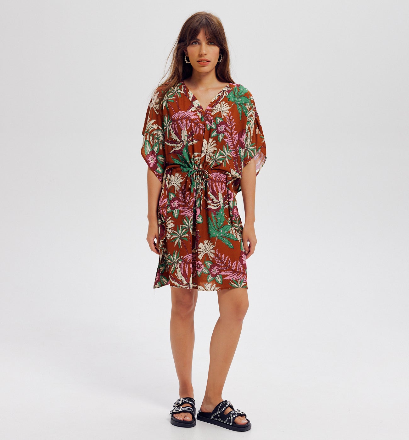 Robe caftan courte imprimée - Imprimé marron