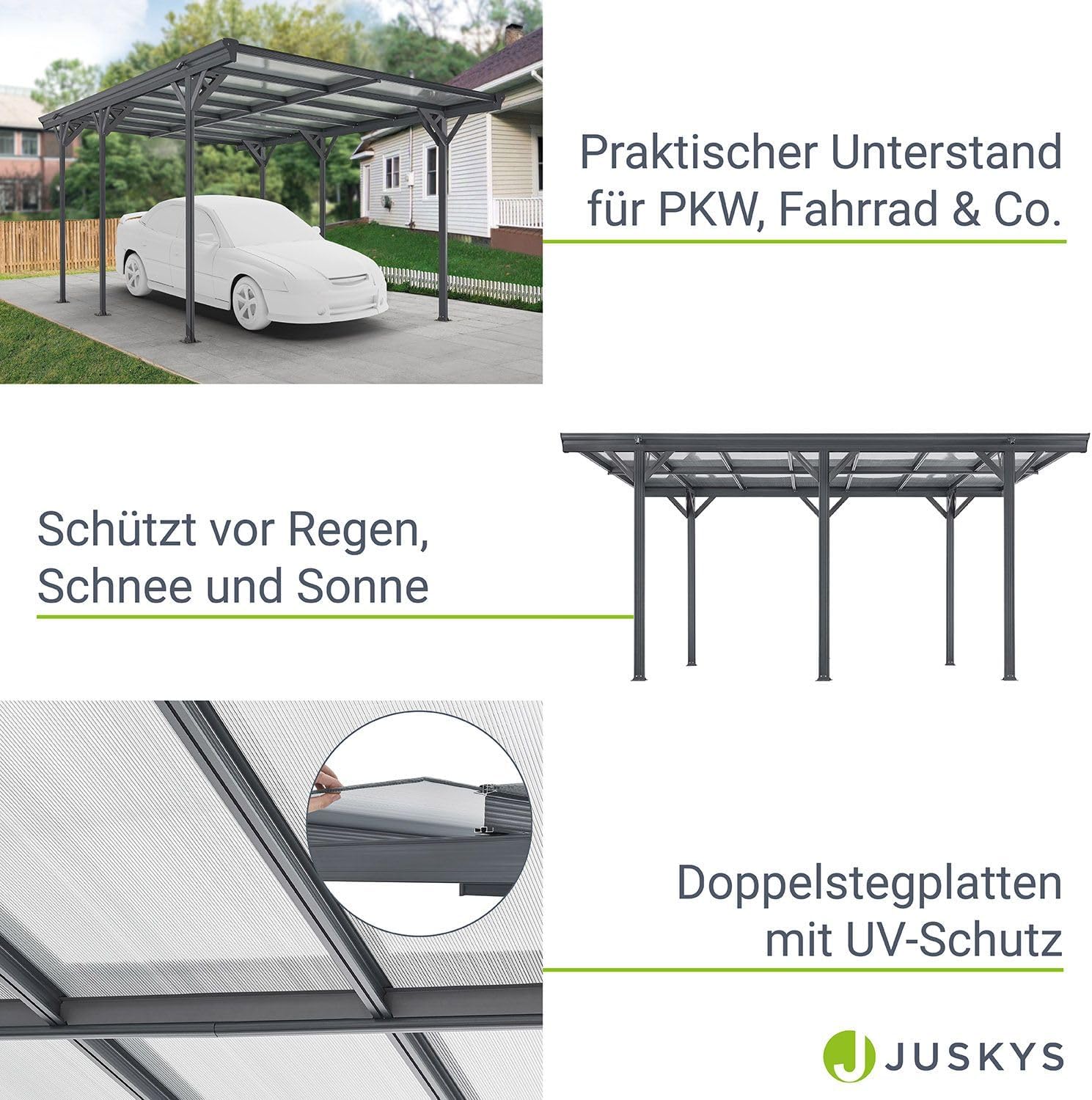 Juskys Carport mit Flachdach 5x3 m - Überdachung aus Aluminium mit Doppelstegplatten - Unterstand für Autos - freistehende Montage - Dunkelgrau
