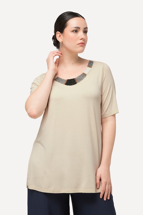 T-Shirt, Perlenstickerei, A-Linie, Rundhals, Halbarm