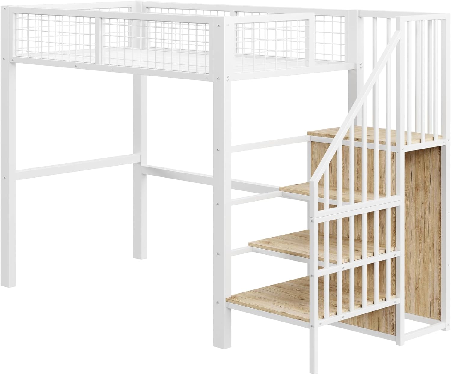 Merax Hochbett aus Metall, 90 x 200 cm, mit Kleiderschrank, multifunktionales Hochbett für 1 Platz mit Treppe, Weiß (Ohne Matratze)