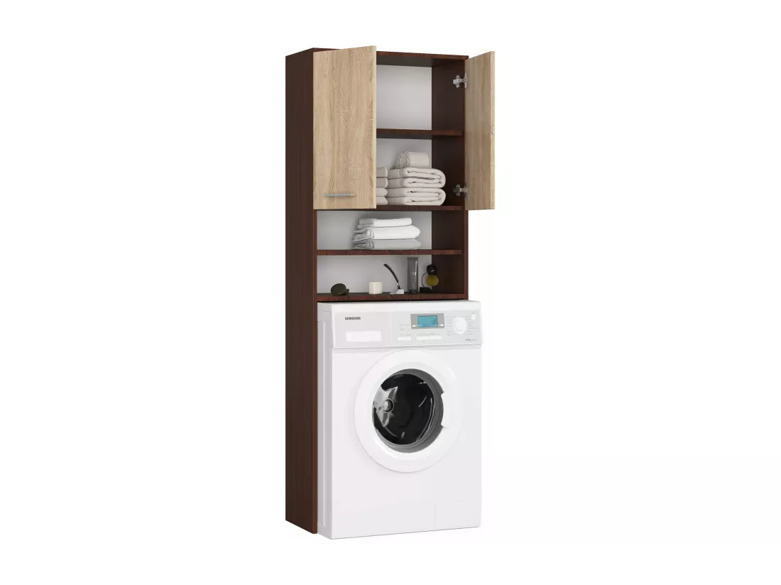 meuble machine a laver 2 portes marron bois 4 étagères 64x30x180 cm