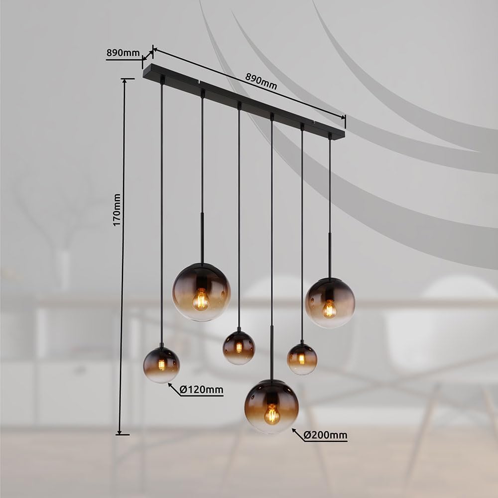 Pendelleuchte Esszimmerlampe Hängeleuchte Deckenlampe Wohnzimmerleuchte, Metall Glas amber rauchfarben schwarz, 3x E27 3x G9, 6 Flammig, H 117 cm