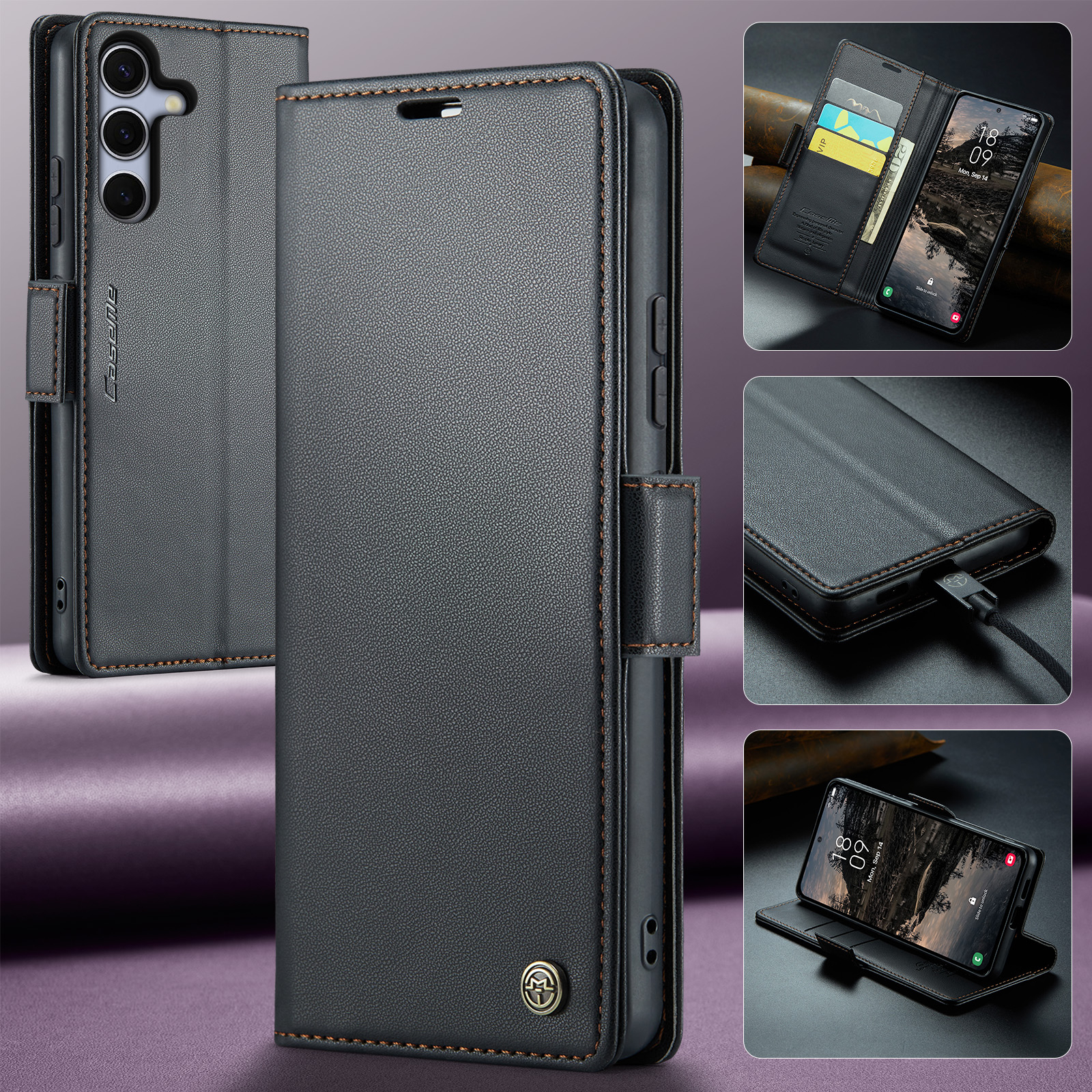 Samsung Galaxy S25 FE Leder Tasche Flip Wallet Etui mit Kartenfächern Litchi Look (RFID Schutz) - Schwarz