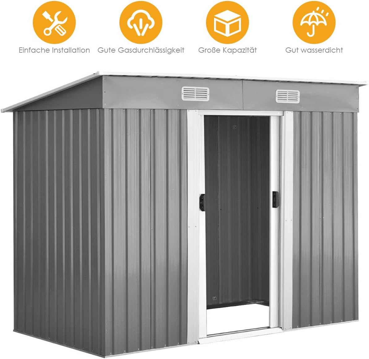 COSTWAY Gerätehaus Metall, Gartenhaus mit 2 Schiebetüren, Geräteschuppen Outdoor, Garten Schuppen mit Pultdach, Gartengerätehaus Geräteschrank, 238x131x181cm, Grau