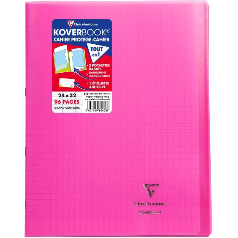 Cahier piqué Koverbook 24x32cm 96 pages grands carreaux couverture polypropylène transparent