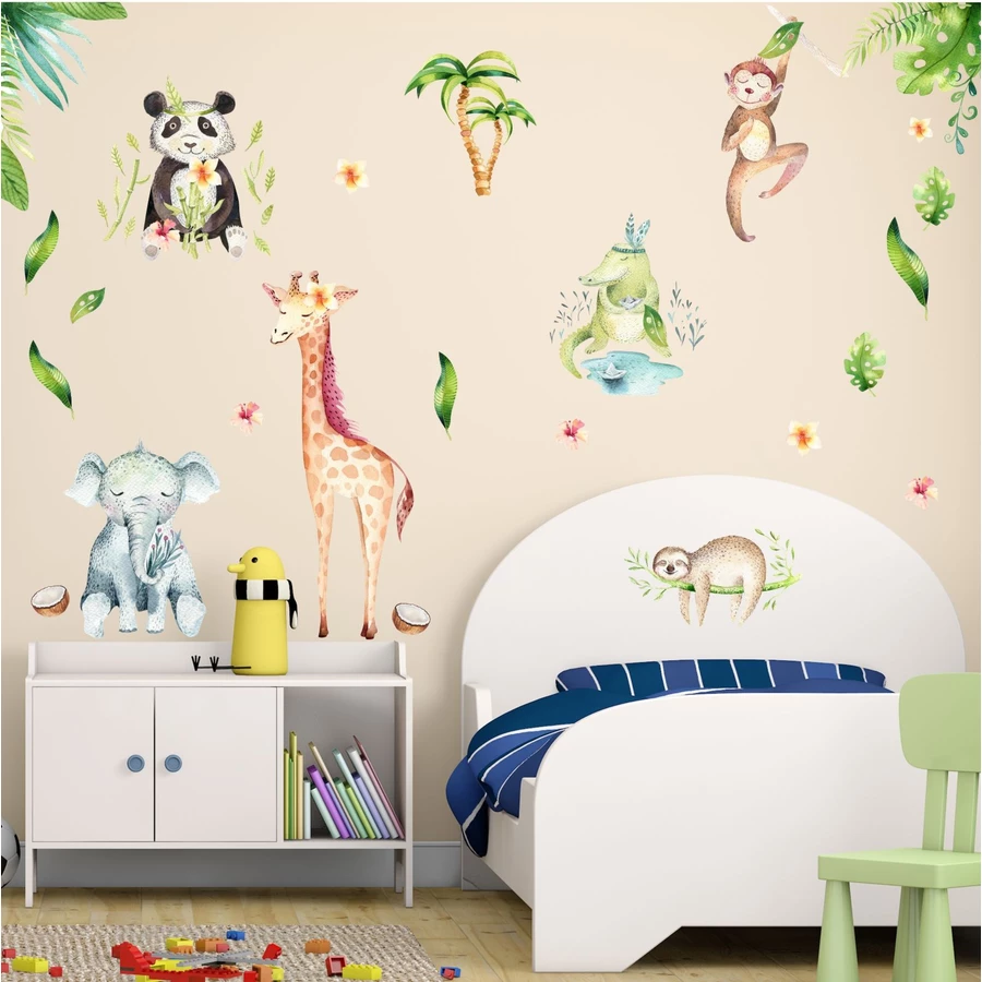 Nikima Wandtattoo 113 Wandtattoo Dschungeltiere Elefant Giraffe Panda Faultier Affe bunt