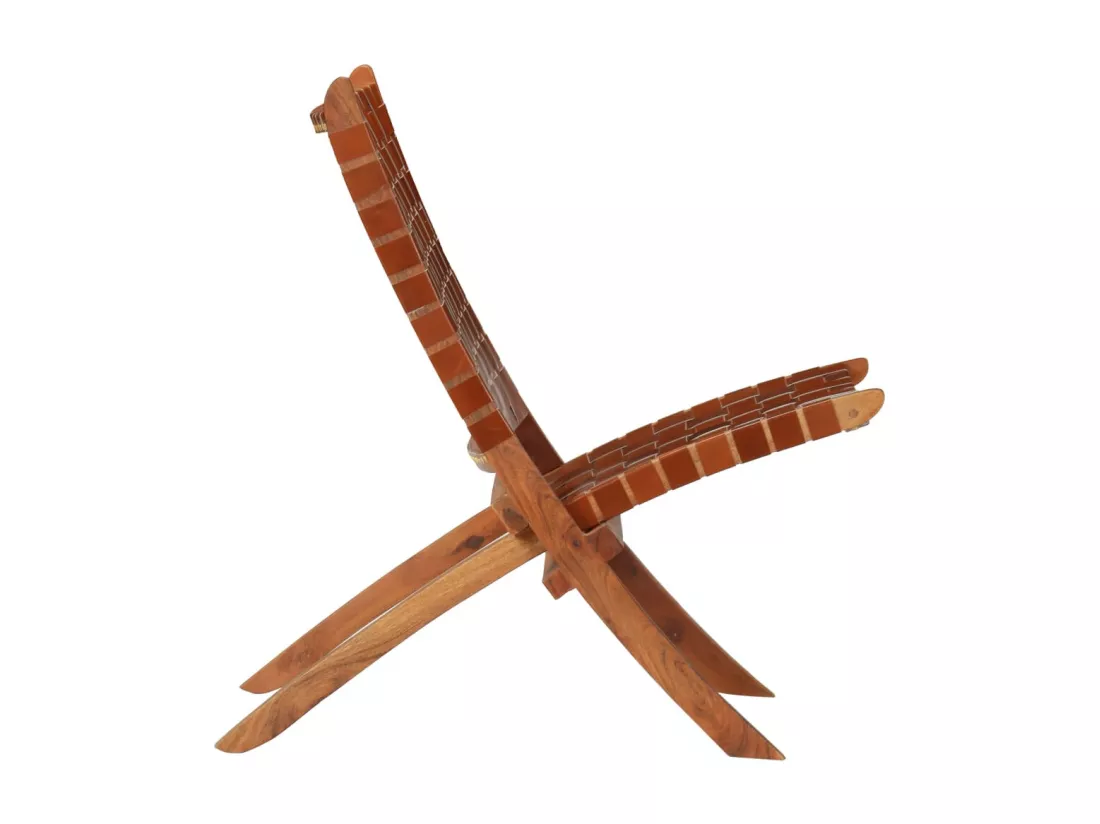 Chaise pliable bandes croisées marron cuir véritable