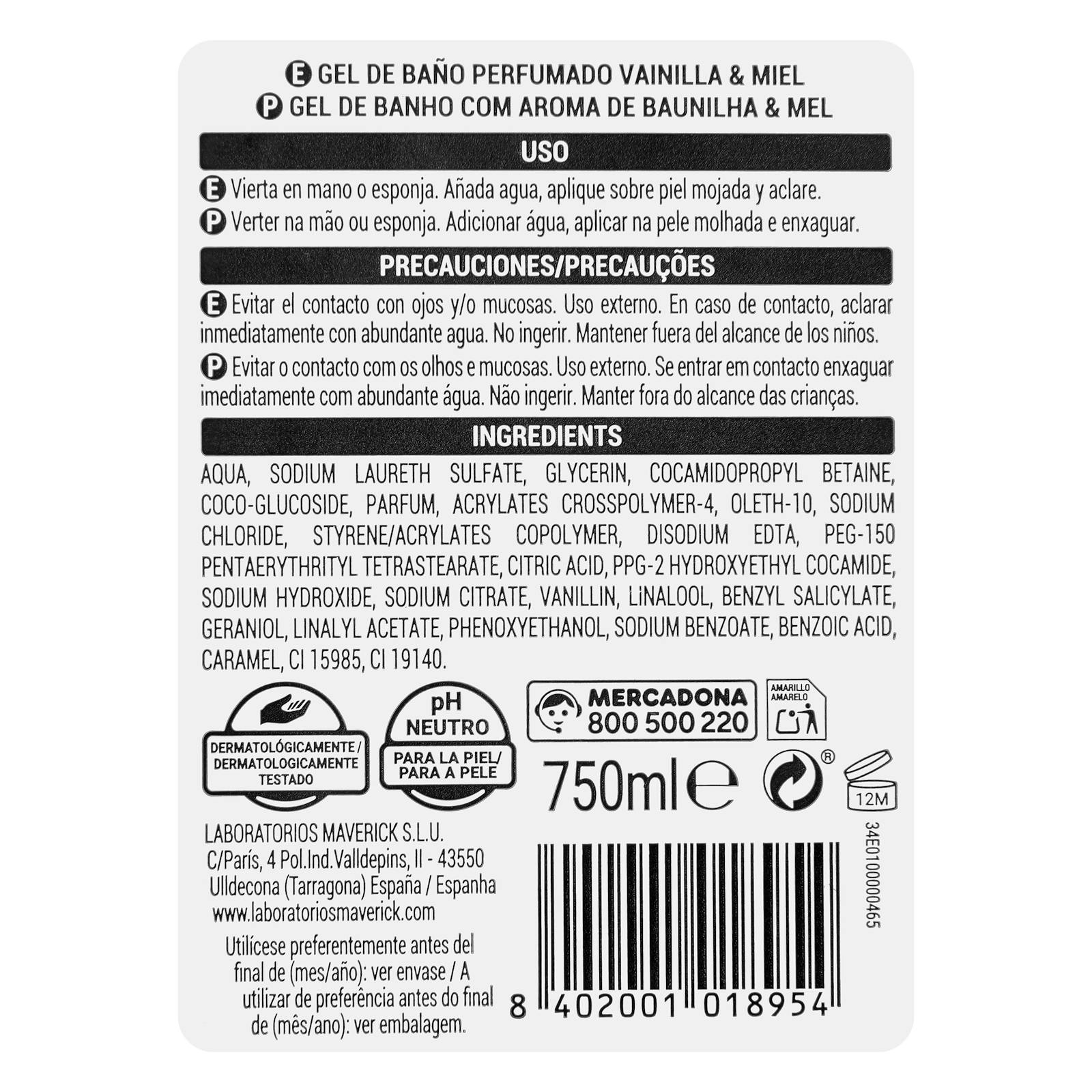 Gel de bain Deliplus vanille et miel pour peaux normales