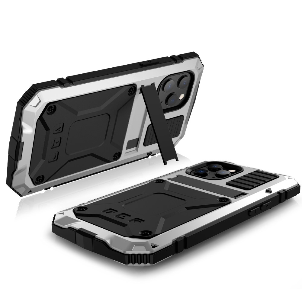 iPhone 12 / iPhone 12 Pro Spritzwasserfeste Hybrid Silikon Metall Outdoor Case Hülle   Panzerfolie - Silber / Schwarz