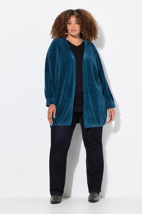 Chenille-Strickjacke, Oversized, V-Ausschnitt, offene Form