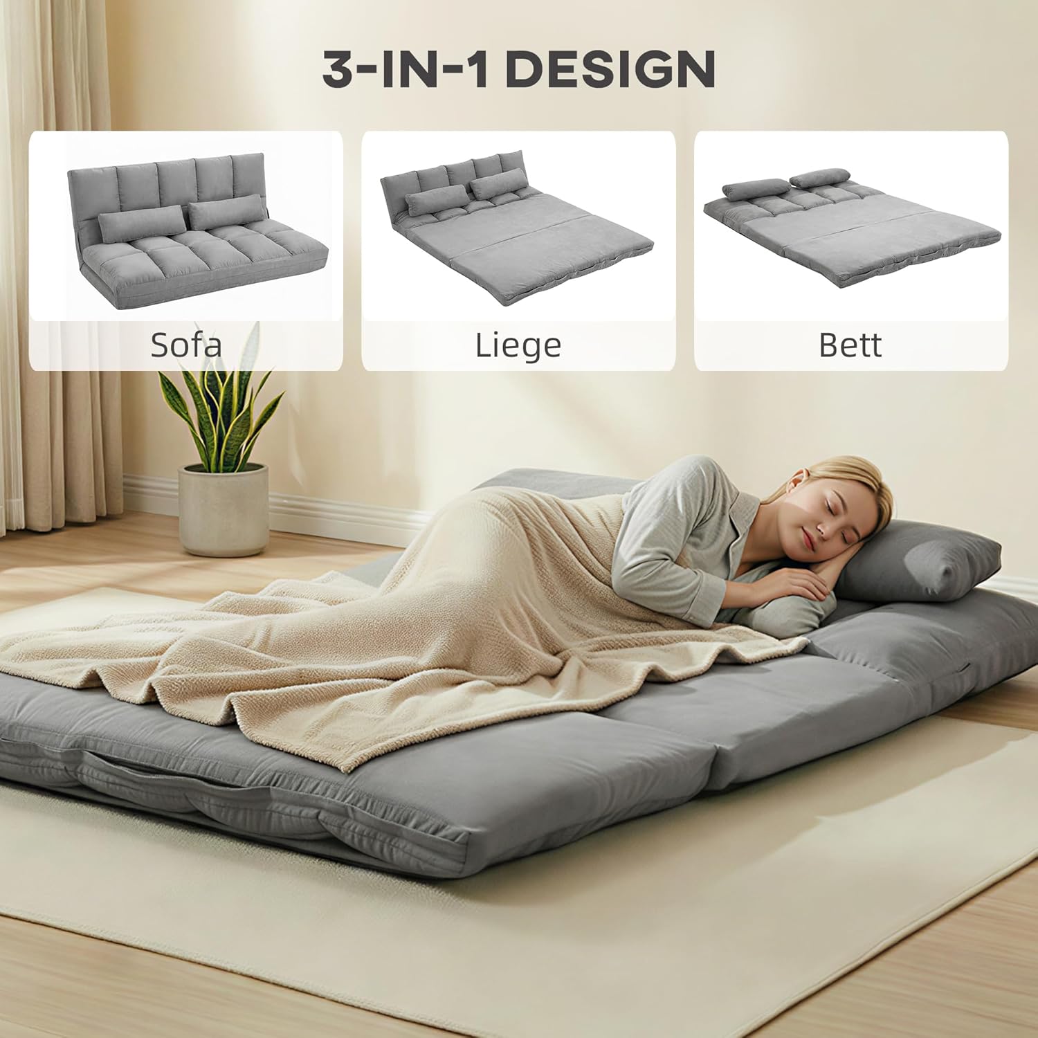HOMCOM Bodensofa Schlafsofa Bodensofa mit 3-stufig verstellbar Rückenlehne, 5-stufig verstellbar Kopfstütze, Klappsessel Sofabett Hellgrau 130 x 73 x 60 cm