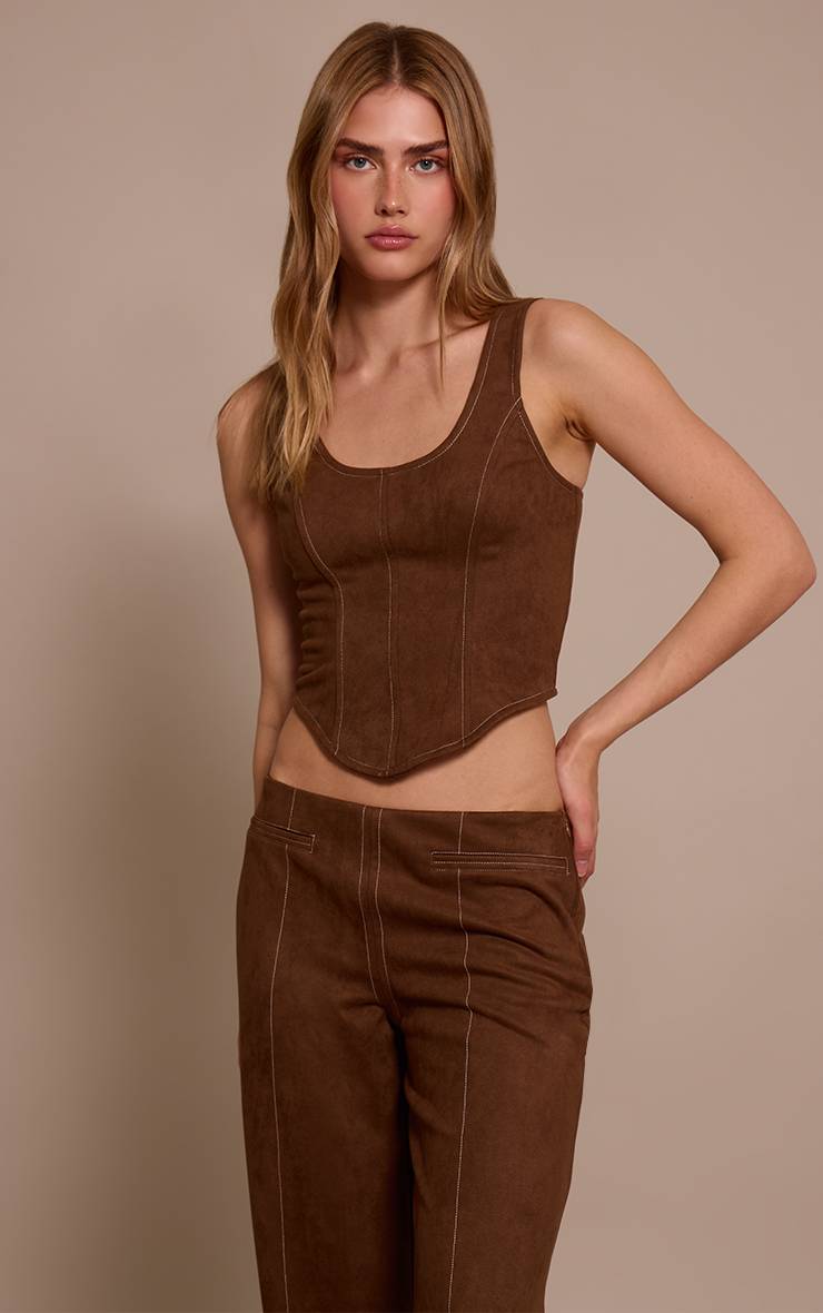 Chocolat Top Corset En Synthétique Avec Surpiqûres Contrastées Ensemble Coordonné
