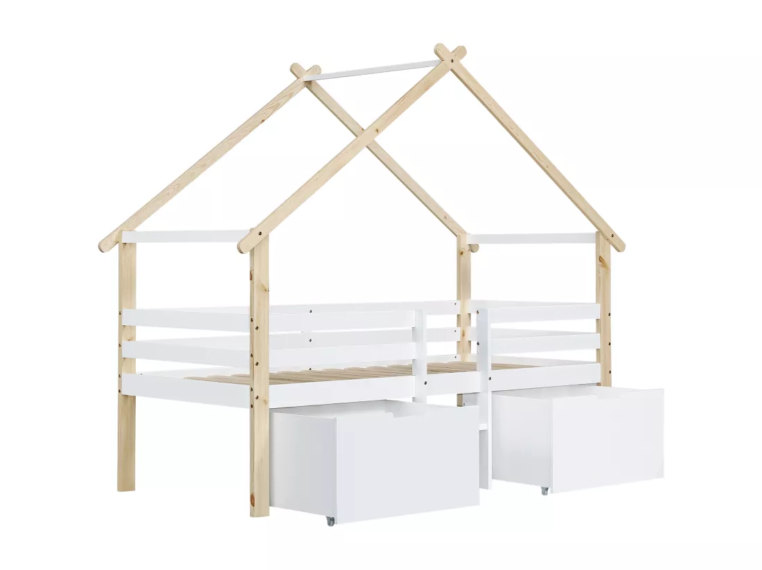 Lit mezzanine en bois 90x200cm - avec 2 tiroirs de rangement - bois massif + MDF - Blanc + Naturel