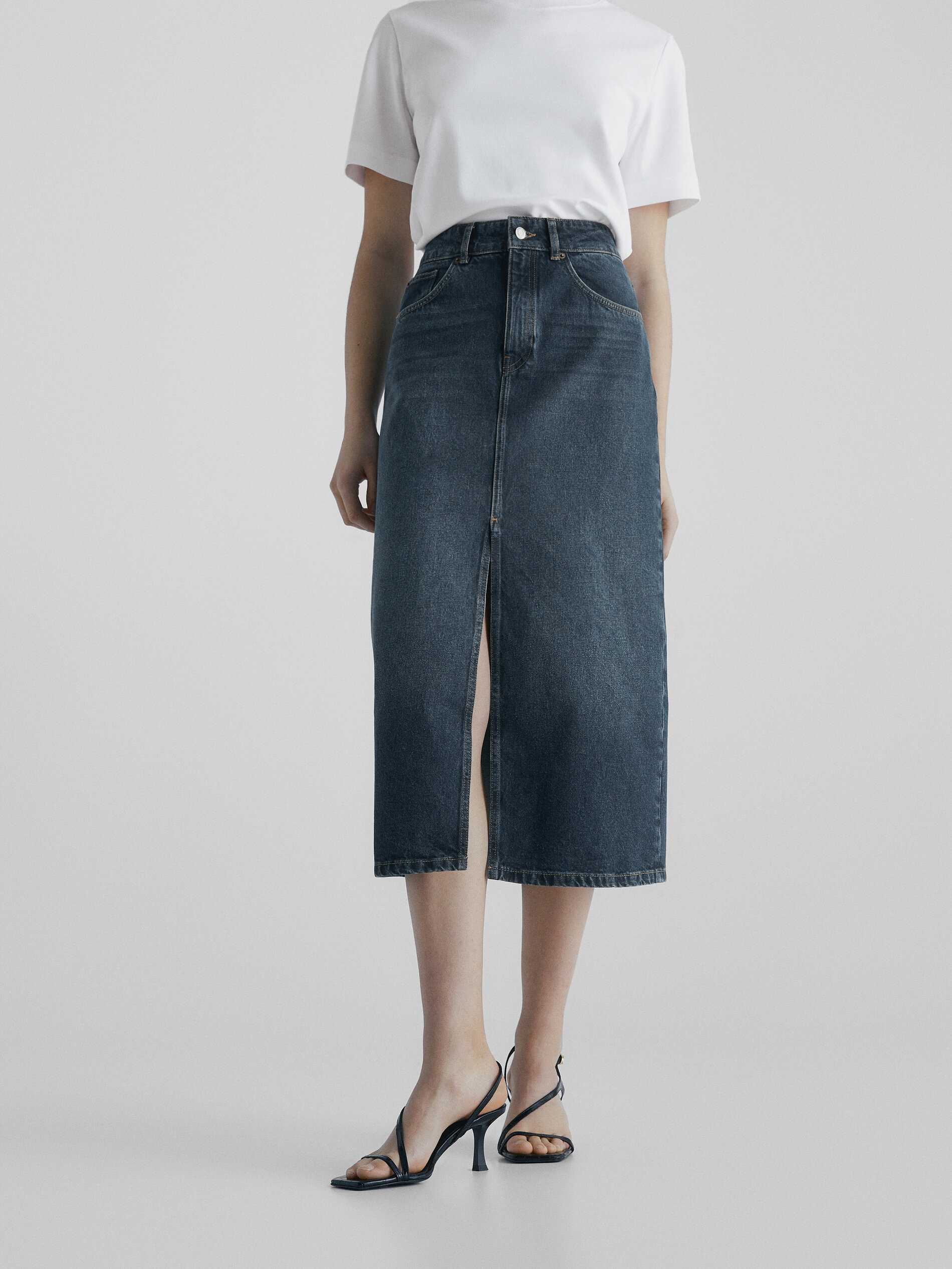Saia jeans de cintura alta com efeito lavado - AZUL MÉDIO