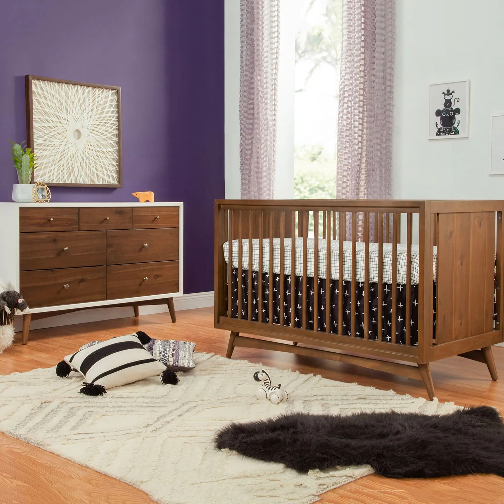 Babyletto Couchette Convertible 3 en 1 + Bureau 7 Tiroirs Palma- Blanc Chaud Noyer