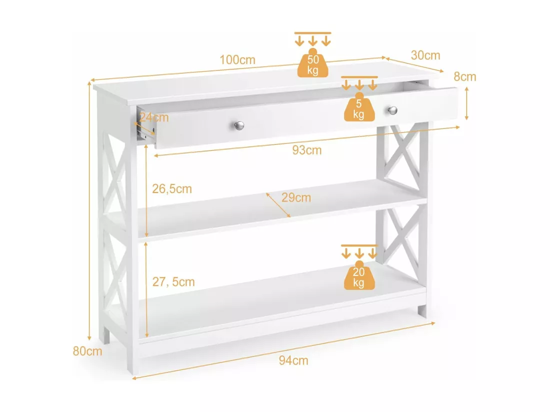 Table de Console à 3 Niveaux, Console Meuble avec Tiroir et 2 Étagères de Rangement de Motif en X, Console Entrée pour Couloir, Salon, Entrée, 100x30x80CM (Blanc)