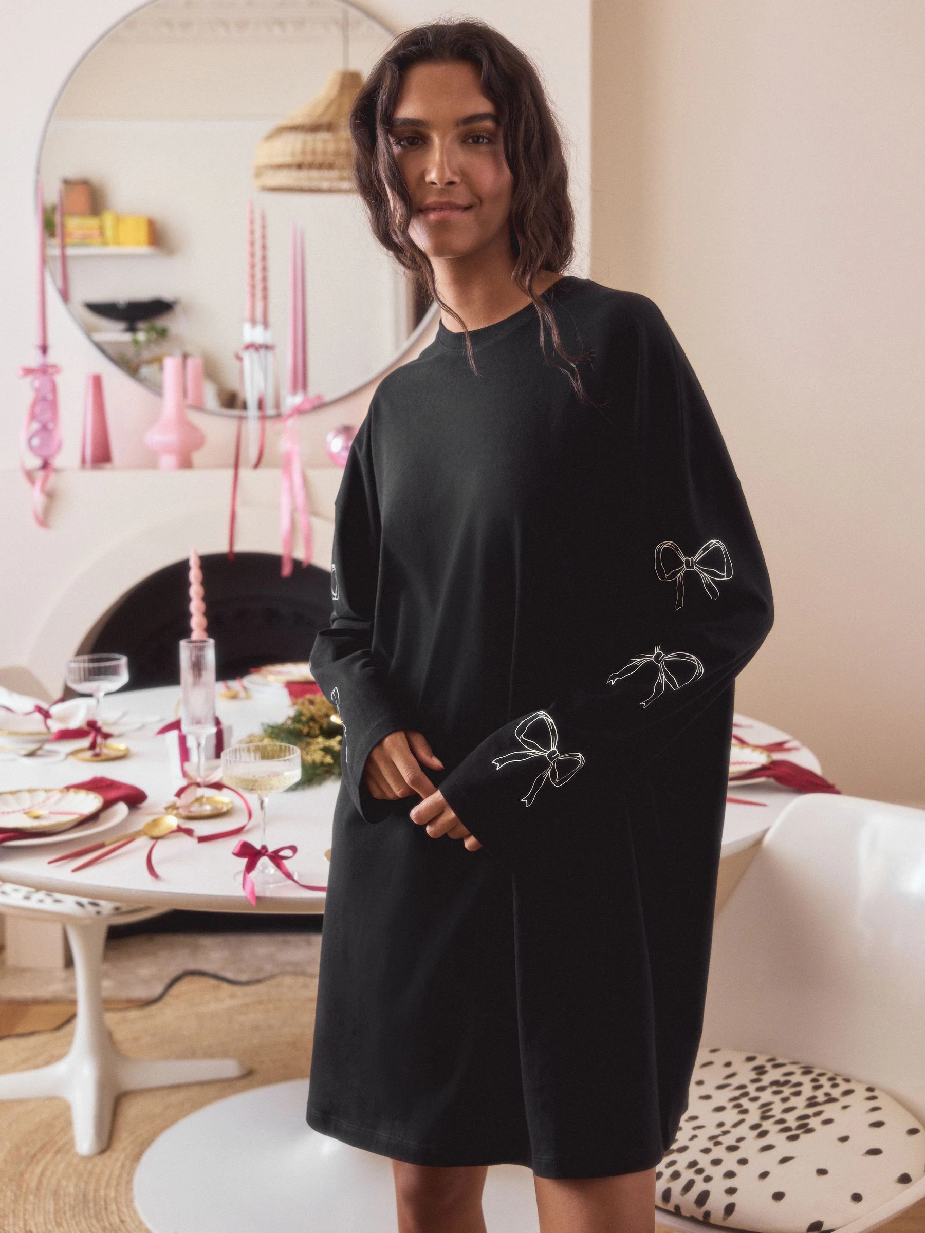 Zwart/wit - Graphic Long Sleeve Nightie