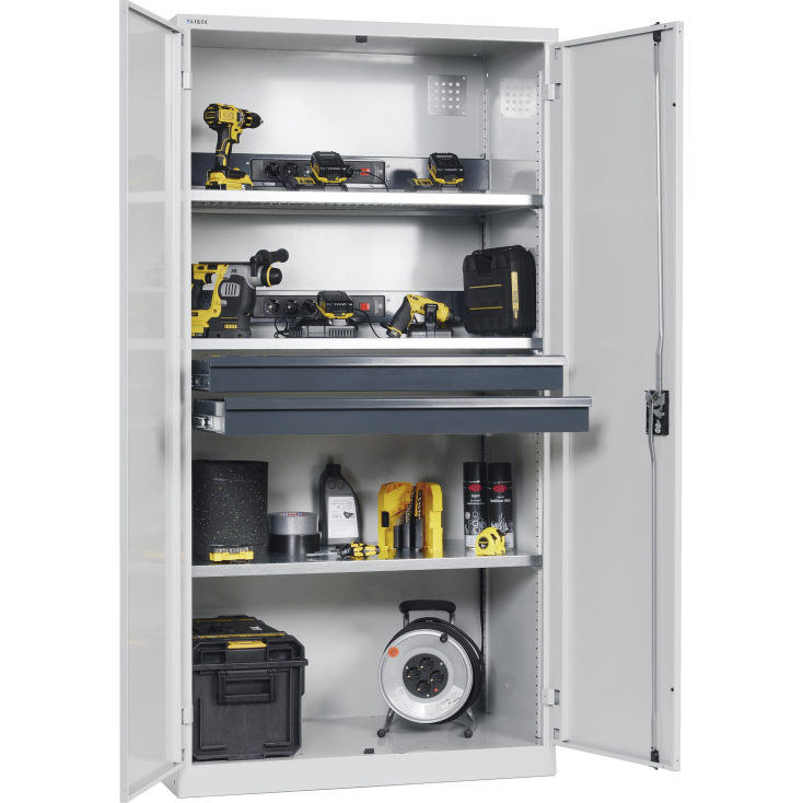 LISTA - Armoire charge batterie H 195 x L 100 x P 58 cm - 2 rampes électrique avec 5 prises (230V) - 2 tiroirs laqués gris anthracite