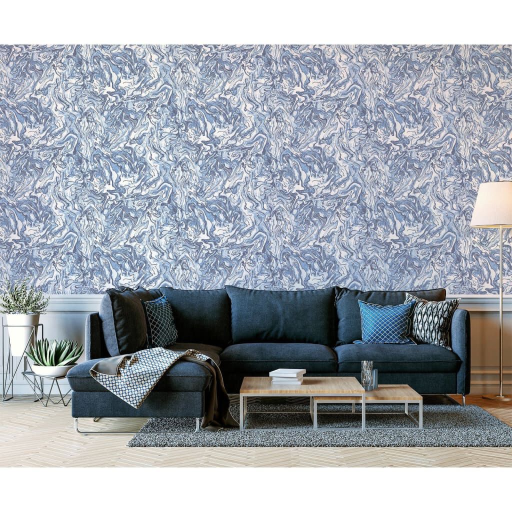 DUTCH WALLCOVERINGS Vloeibaar Marmer Behang, Blauw